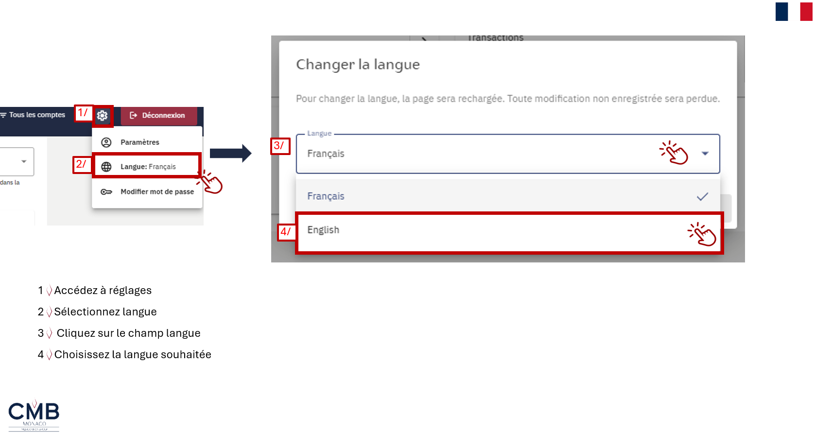 changement de langue cmb online